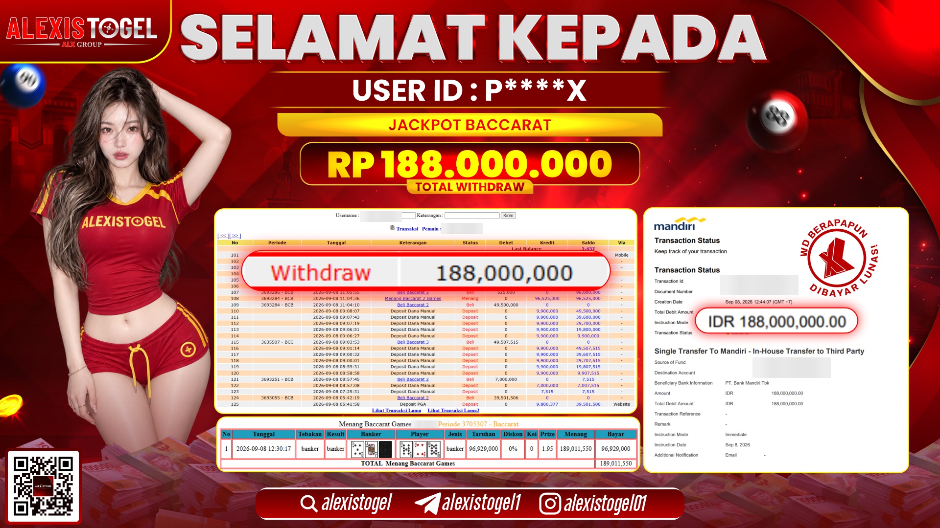 ALEXISTOGEL JACKPOT DI BACCARAT RP.188.000.000,- LUNAS