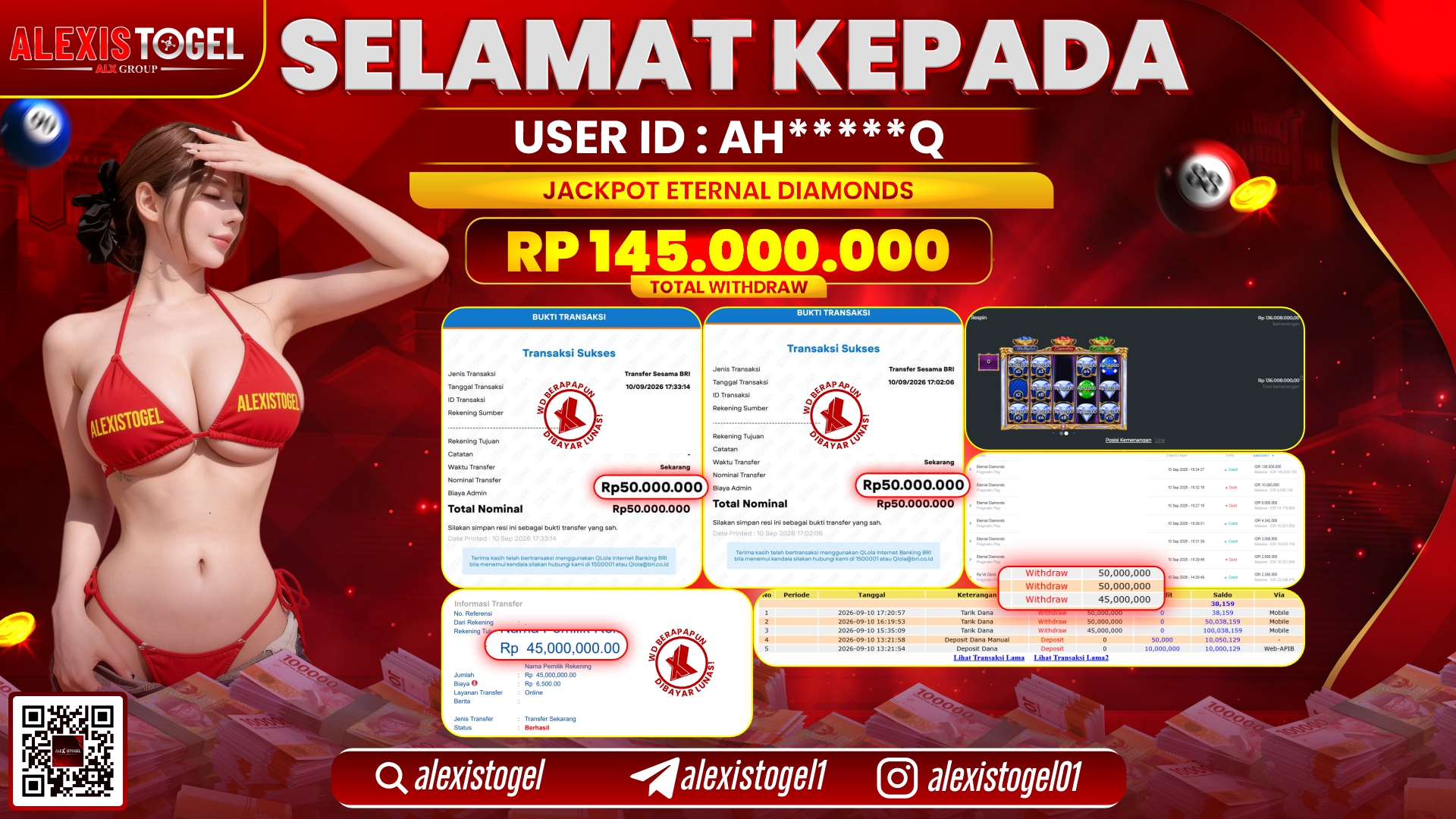 ALEXISTOGEL JACKPOT DI ETERNAL DIAMONDS RP.145.000.000,- LUNAS