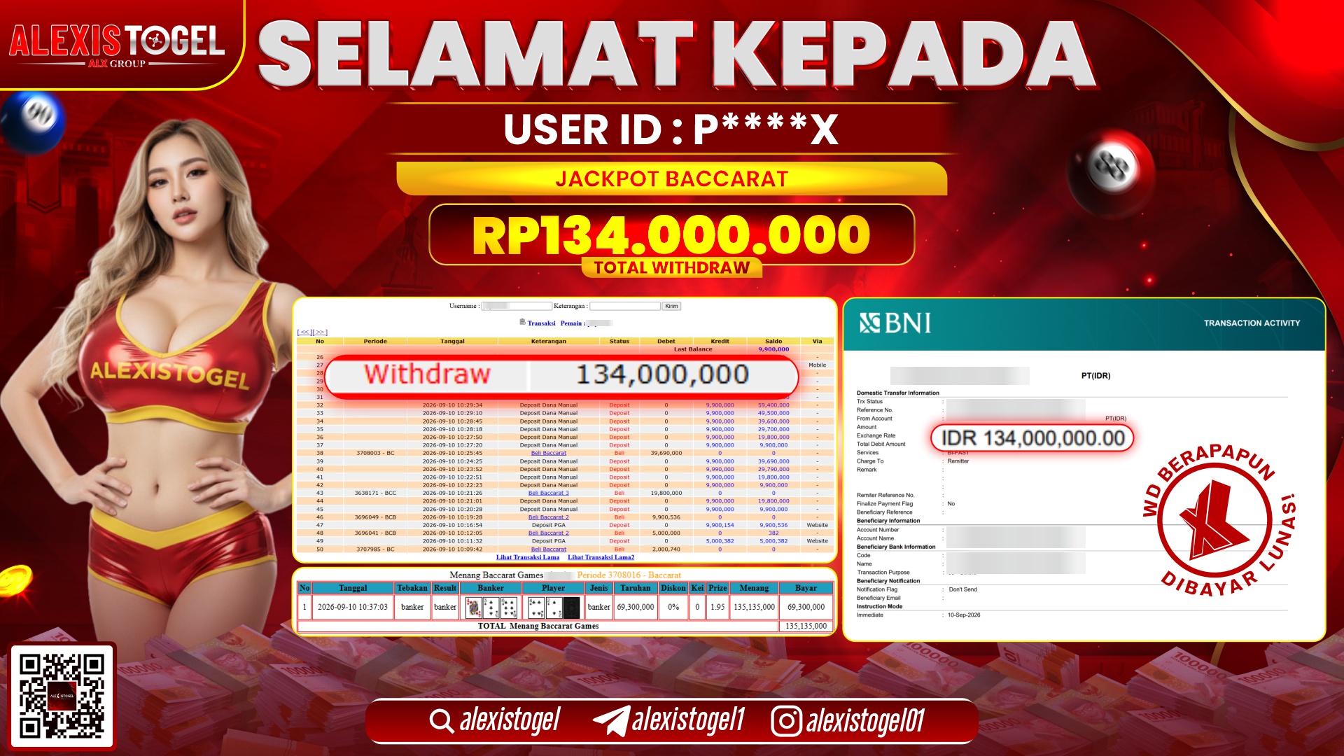 ALEXISTOGEL JACKPOT DI BACCARAT RP.134.000.000,- LUNAS