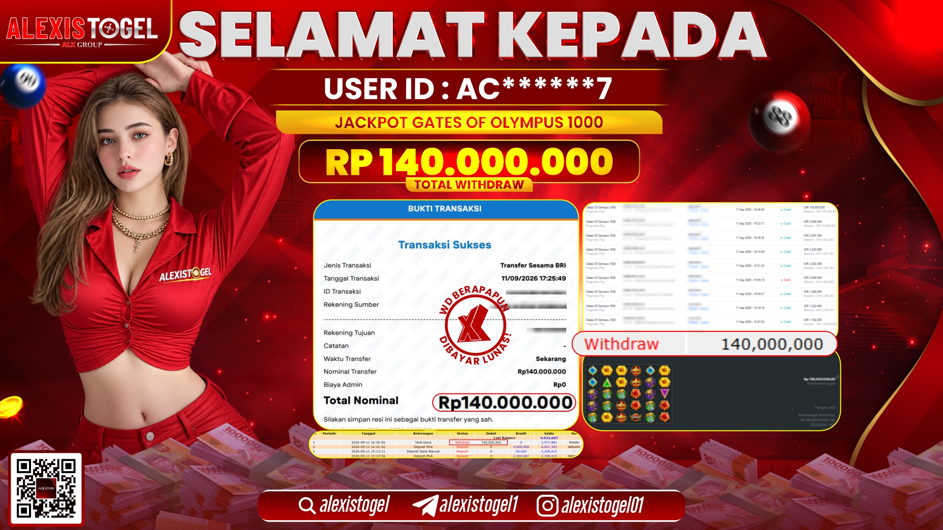 ALEXISTOGEL JACKPOT DI GATES OF OLYMPUS 1000 RP.140.000.000,- LUNAS