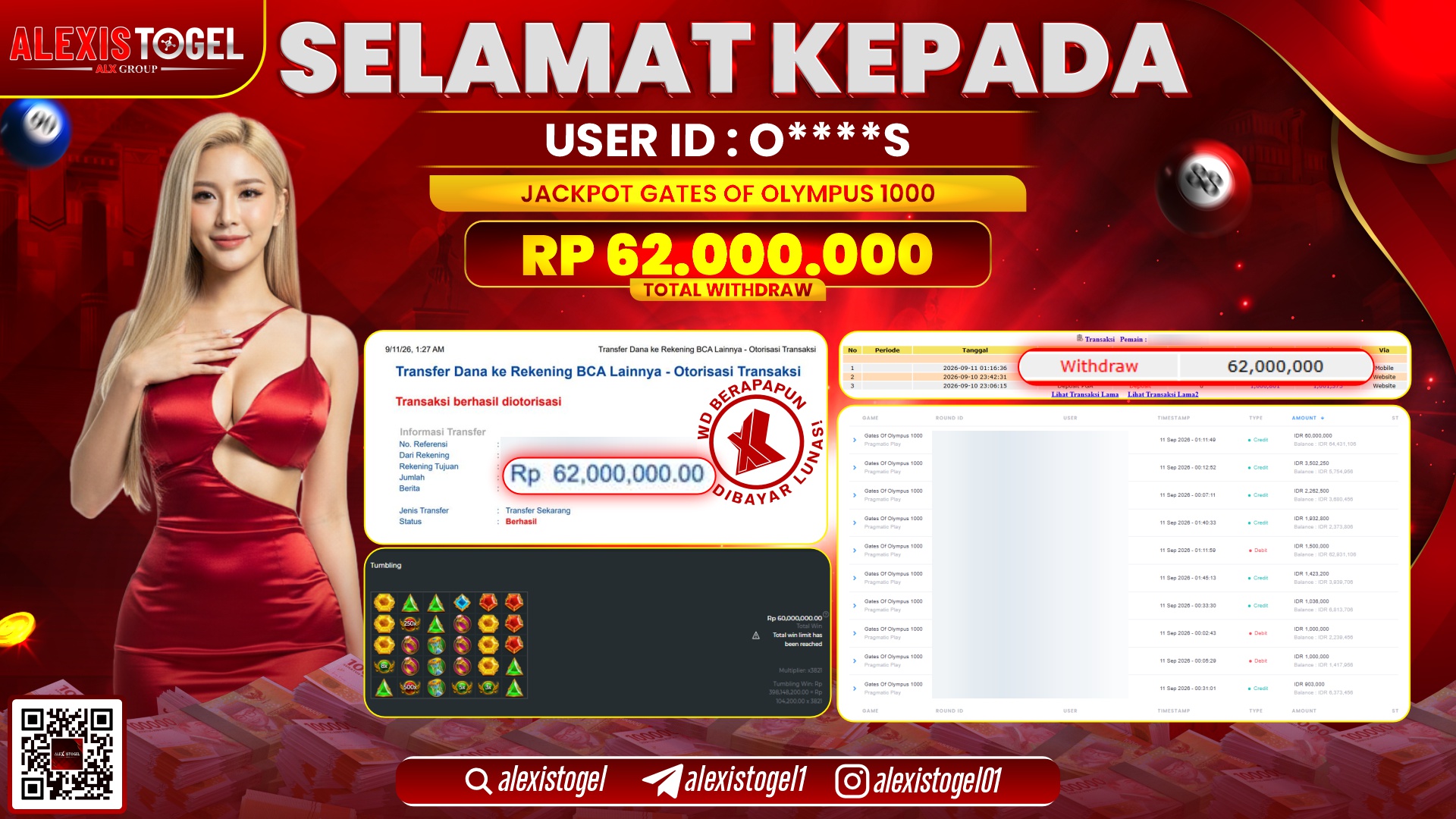 ALEXISTOGEL JACKPOT DI GATES OF OLYMPUS 1000 RP.62.000.000,- LUNAS