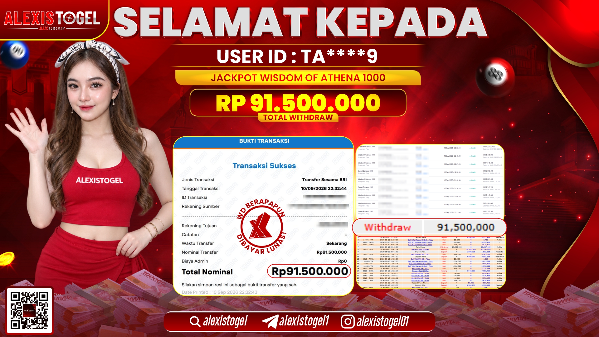 ALEXISTOGEL JACKPOT DI WISDOM OF ATHENA 1000 RP.91.500.000,- LUNAS