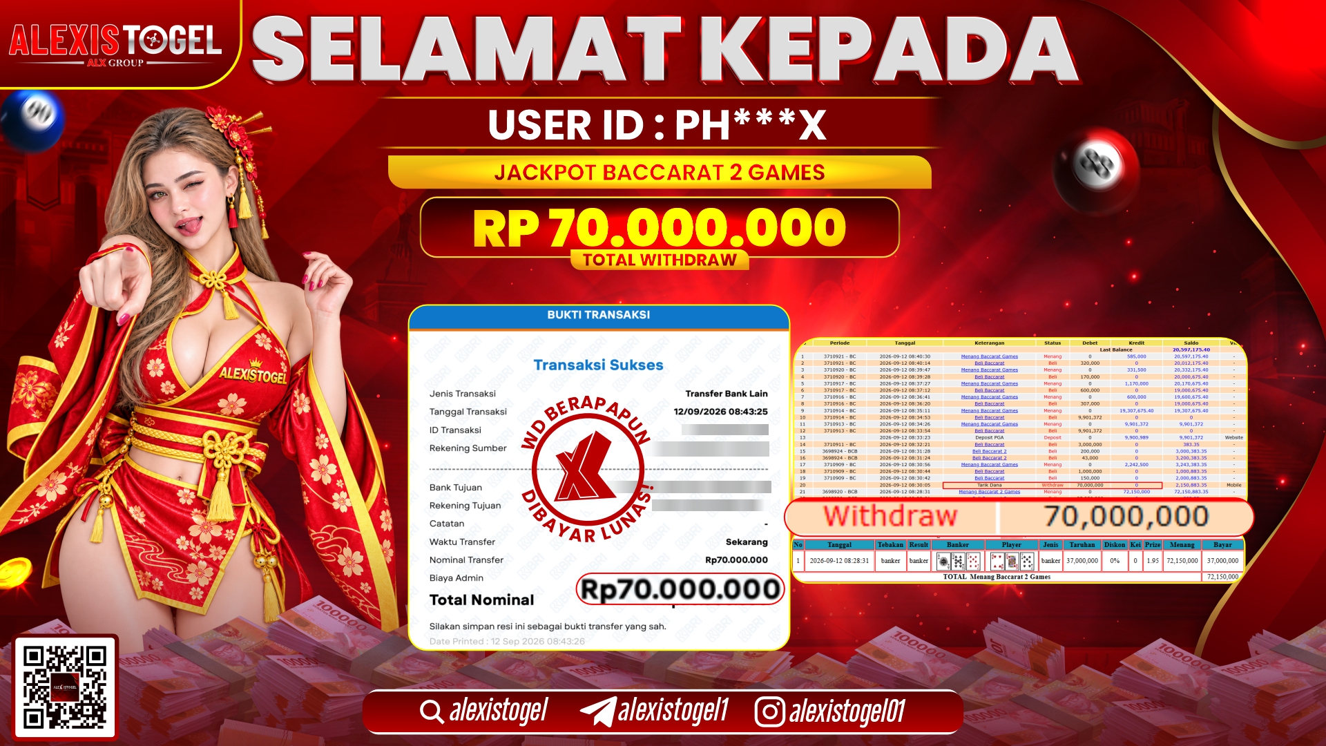 ALEXISTOGEL JACKPOT DI BACCARAT 2 GAMES RP.70.000.000,- LUNAS