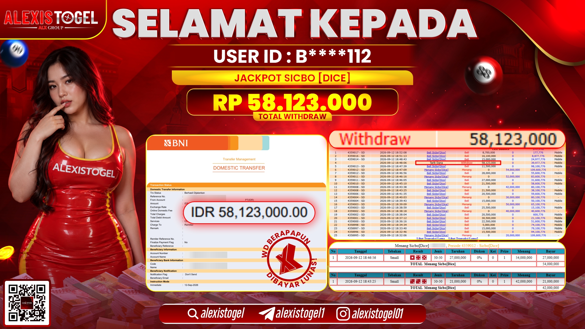 ALEXISTOGEL JACKPOT DI SICBO DICE RP.58.123.000,- LUNAS