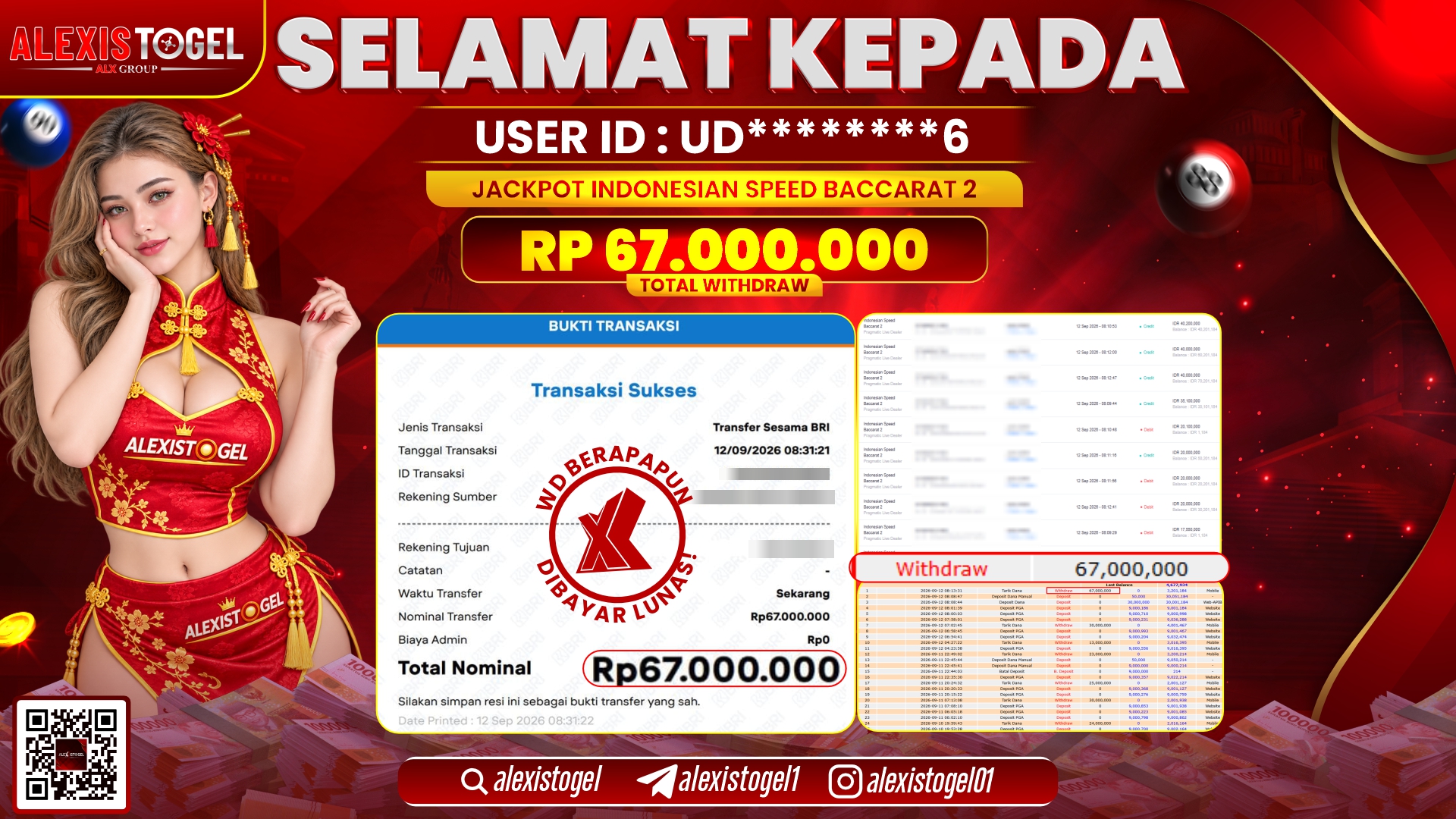 ALEXISTOGEL JACKPOT DI INDONESIA SPEED BACCARAT 2 RP.67.000.000,- LUNAS