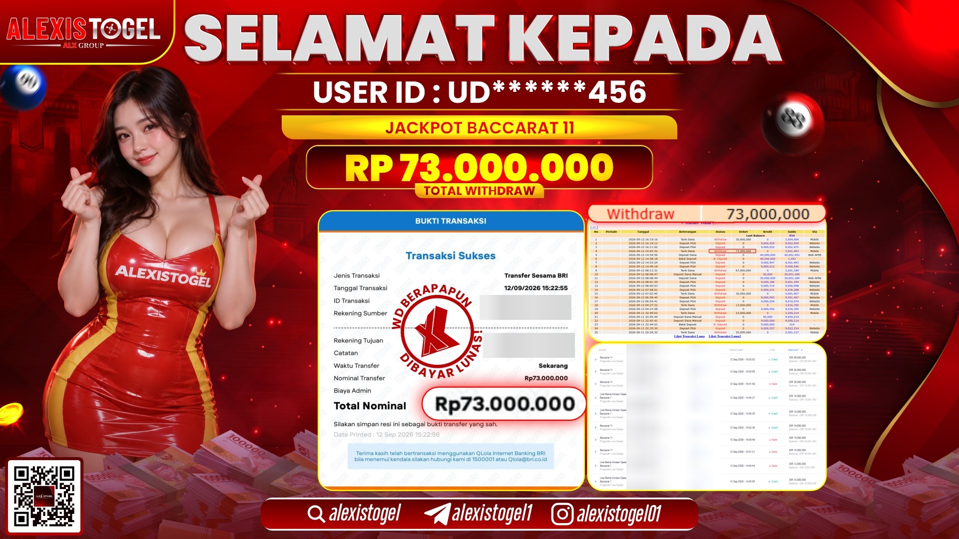 ALEXISTOGEL JACKPOT DI BACCARAT 11 RP.73.000.000,- LUNAS
