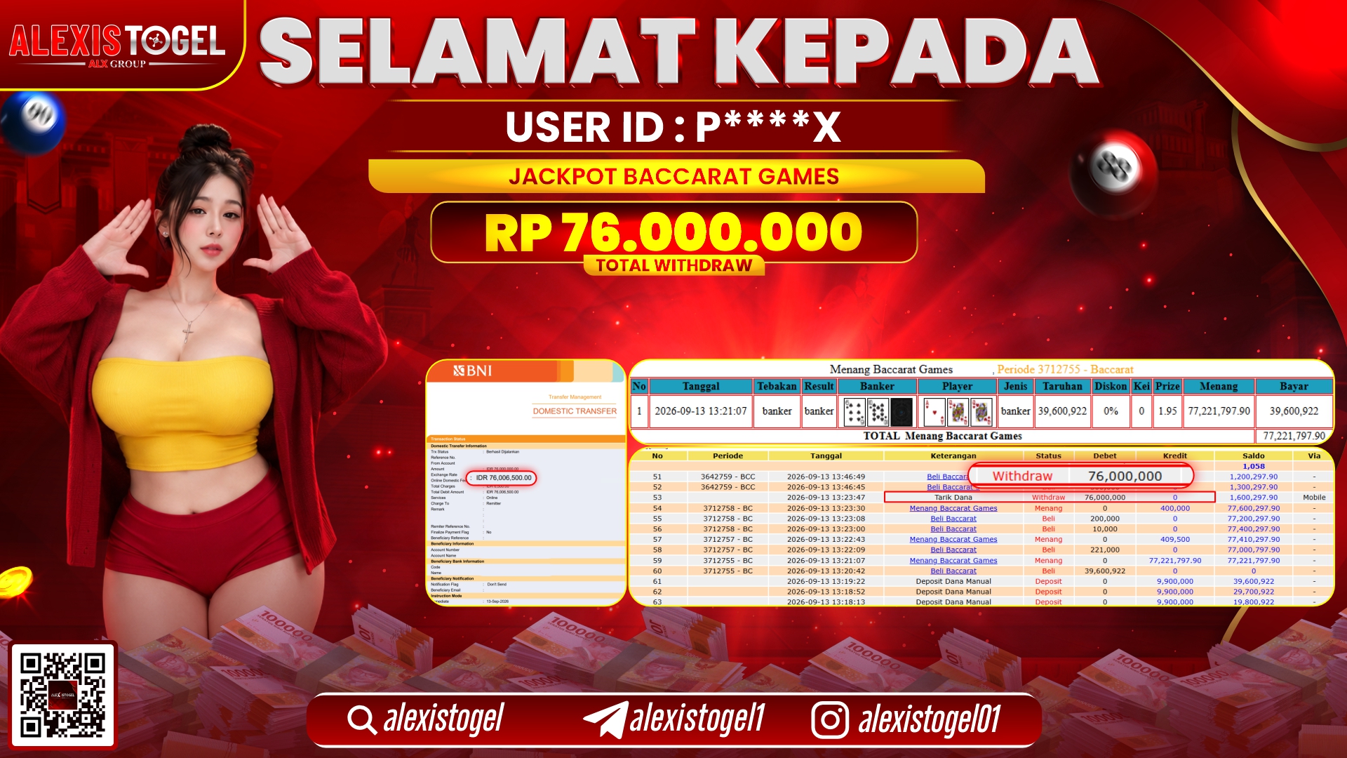 ALEXISTOGEL JACKPOT DI BACCARAT GAMES RP.76.000.000,- LUNAS