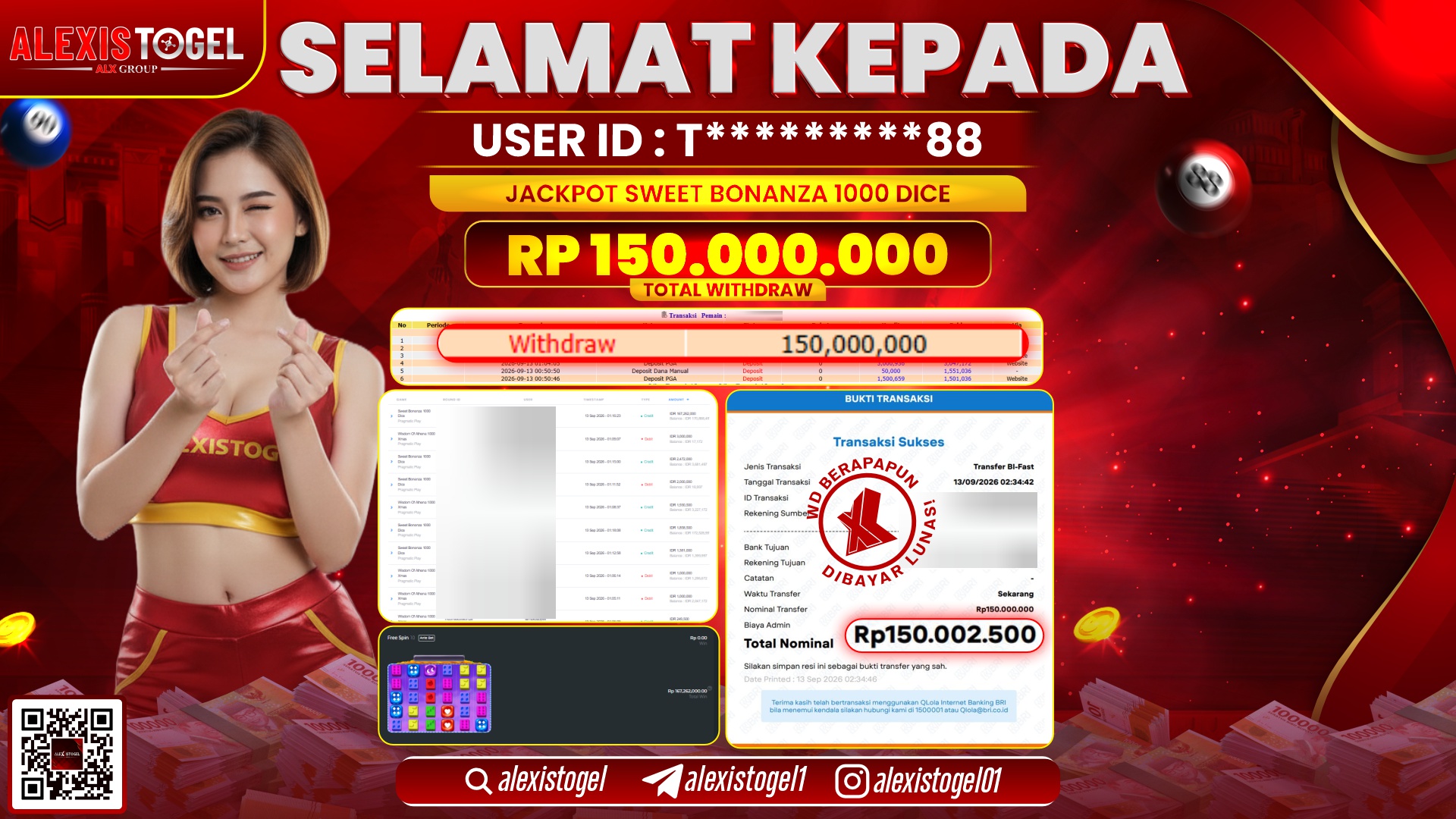 ALEXISTOGEL JACKPOT DI SWEET BONANZA 1000 DICE RP.150.000.000,- LUNAS