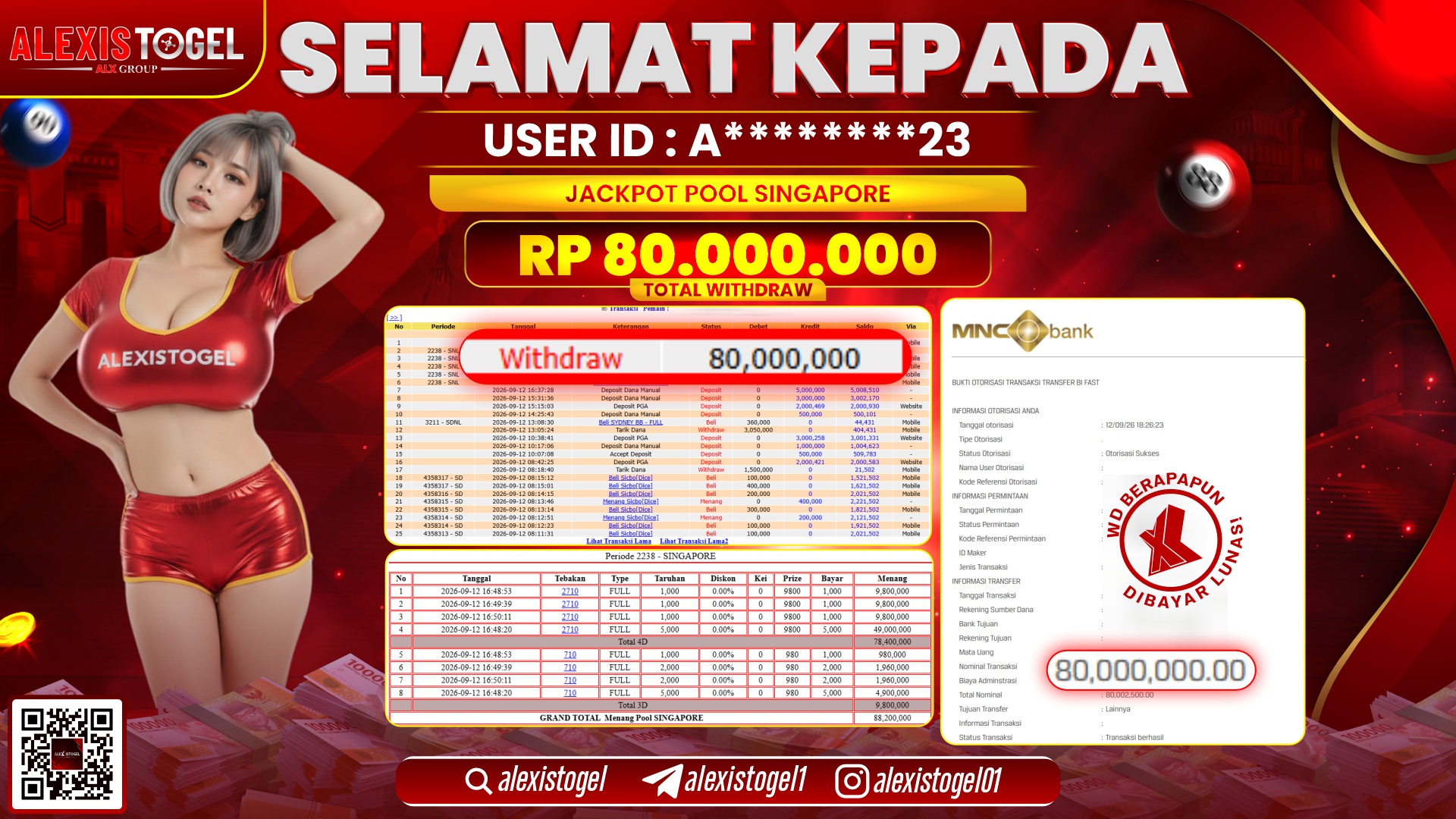 ALEXISTOGEL JACKPOT DI POOL SINGAPORE RP.80.000.000,- LUNAS