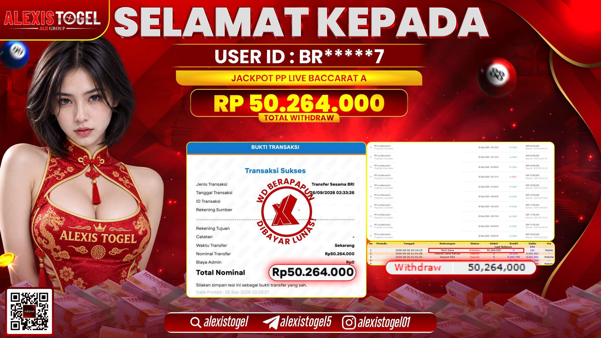 ALEXISTOGEL JACKPOT DI PP LIVE BACCARAT A RP.50.264.000,- LUNAS