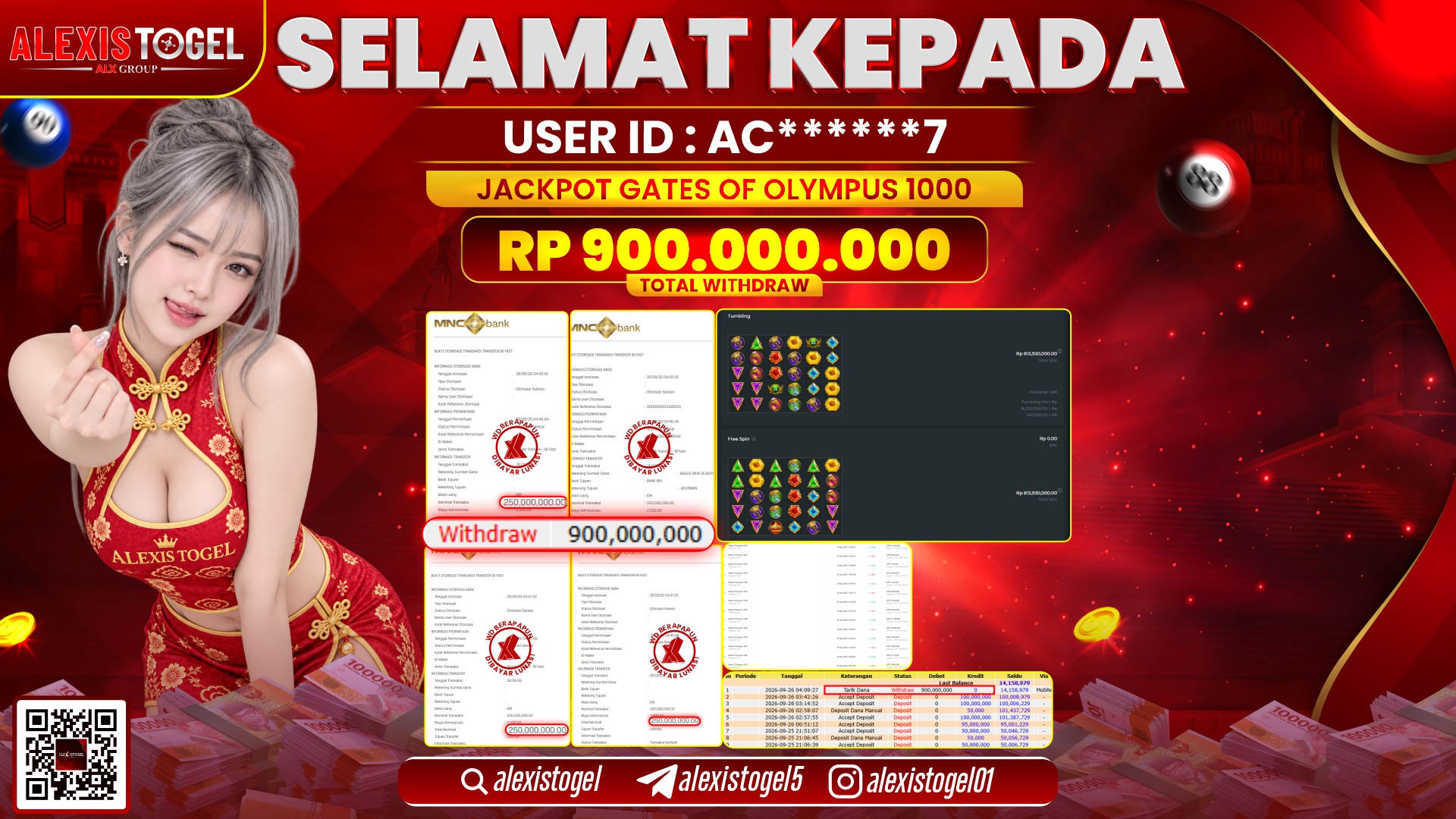 ALEXISTOGEL JACKPOT DI GATES OF OLYMPUS 1000 RP.900.000.000,- LUNAS