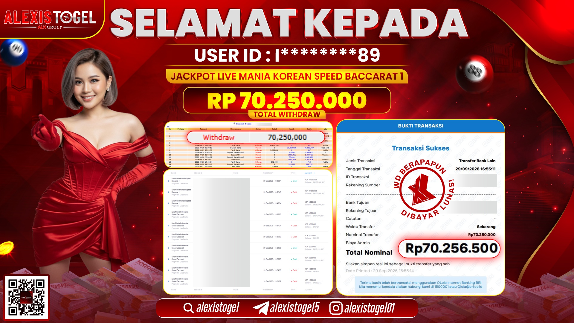 ALEXISTOGEL JACKPOT DI LIVE MANIA KOREAN SPEED BACCARAT 1 RP.70.250.000,- LUNAS