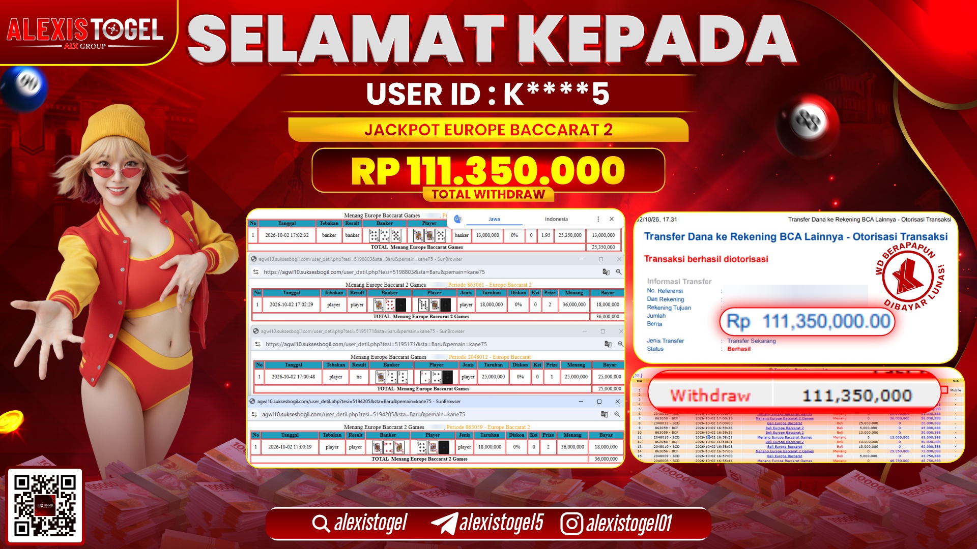 ALEXISTOGEL JACKPOT DI EUROPE BACCARAT 2 RP.111.350.000,- LUNAS