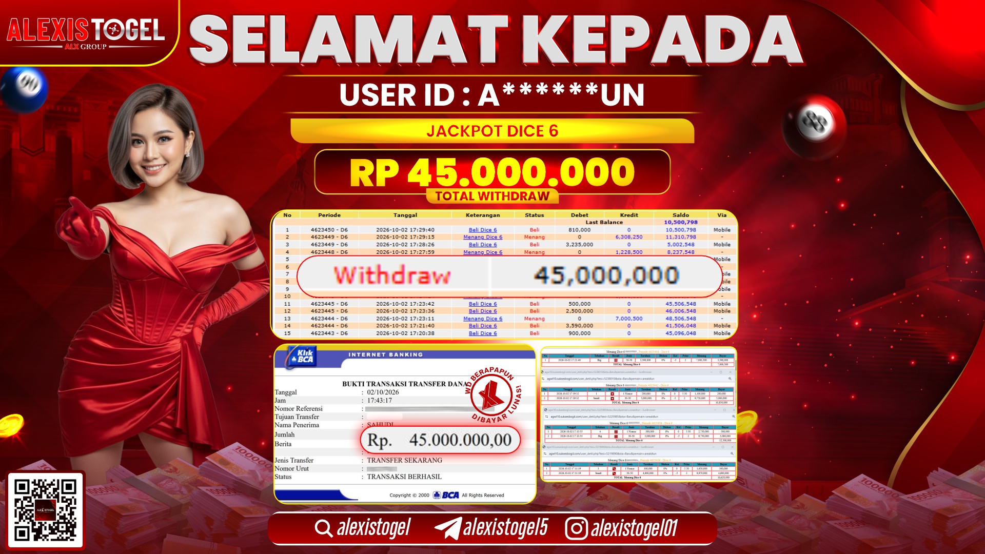 ALEXISTOGEL JACKPOT DI DICE 6 RP.45.000.000,- LUNAS
