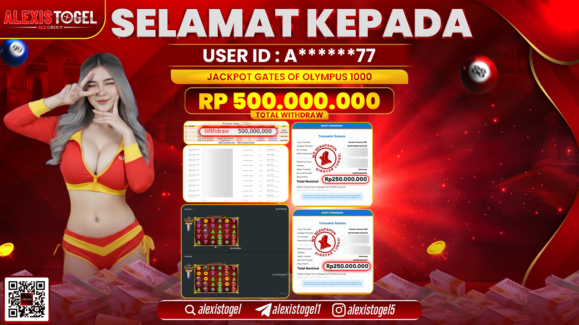 ALEXISTOGEL JACKPOT DI GATES OF OLYMPUS 1000 RP.500.000.000,- LUNAS