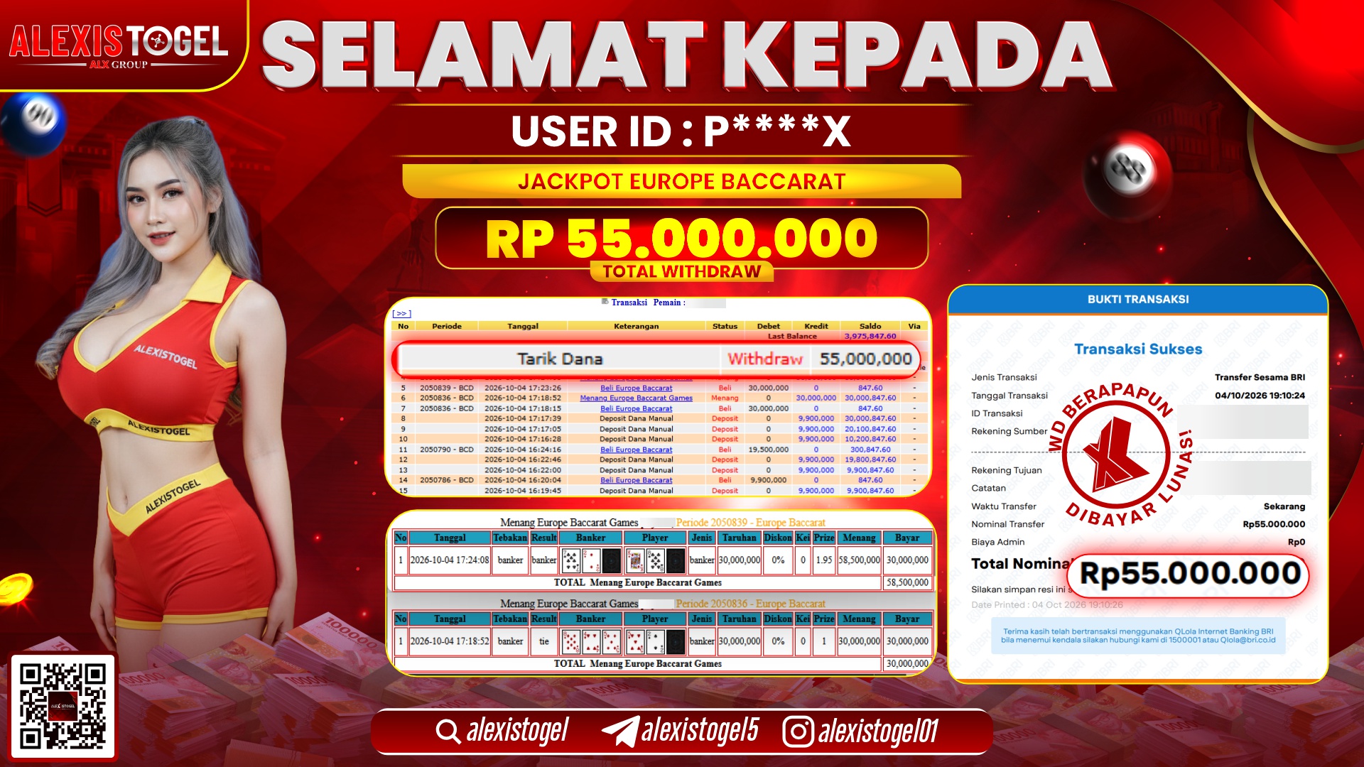 ALEXISTOGEL JACKPOT DI EUROPE BACCARAT RP.55.000.000,- LUNAS