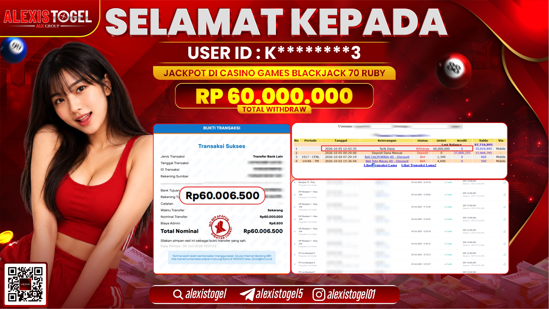 ALEXISTOGEL JACKPOT DI CASINO GAMES BLACK JACK 70 RUBY RP.60.000.000,- LUNAS