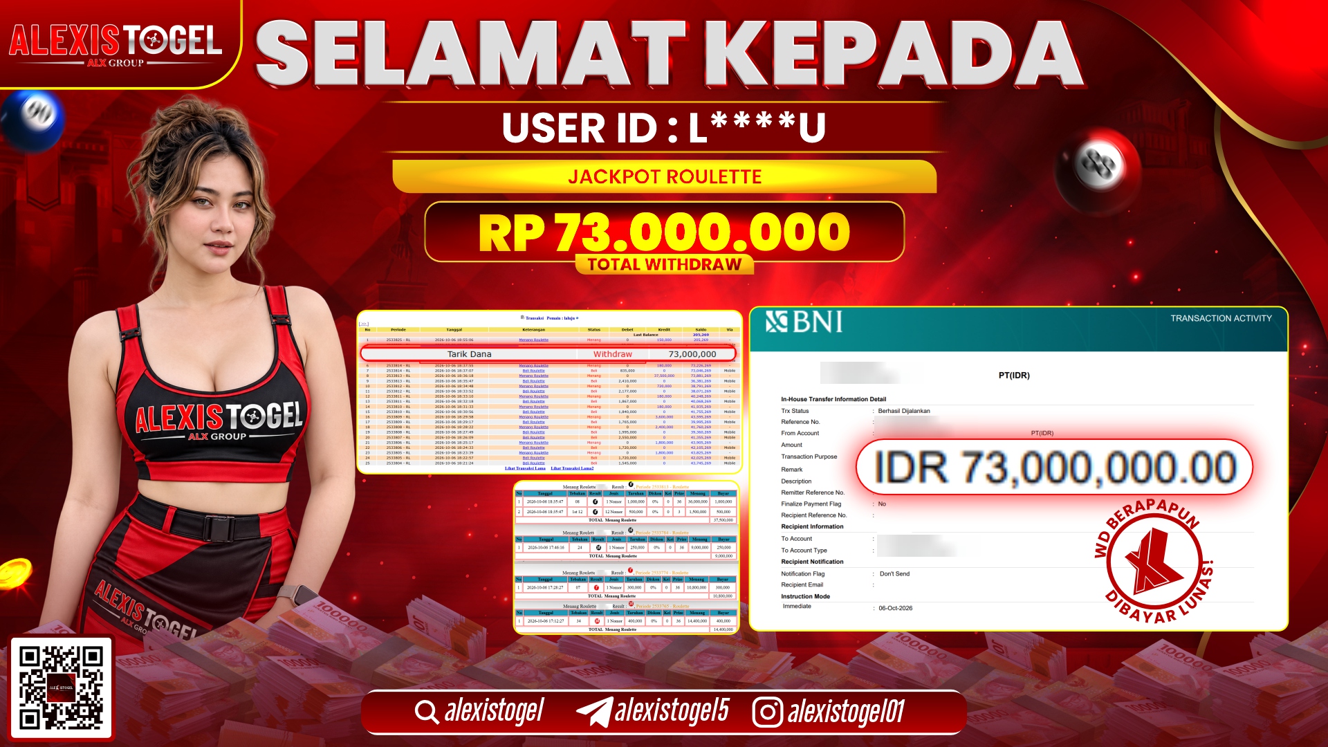 ALEXISTOGEL JACKPOT DI ROULETTE RP.73.000.000,- LUNAS