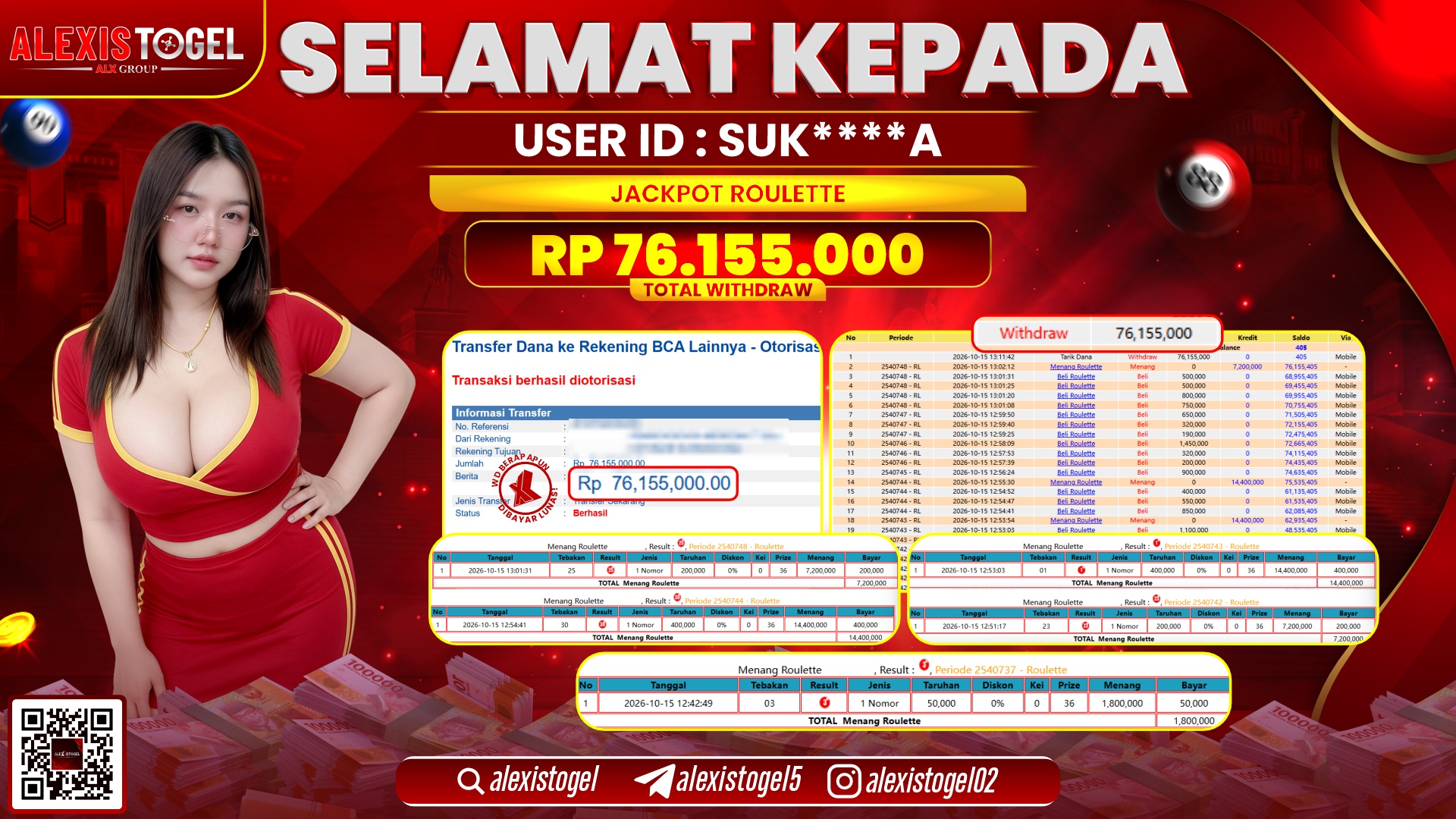 ALEXISTOGEL JACKPOT DI ROULETTE RP.76.155.000,- LUNAS