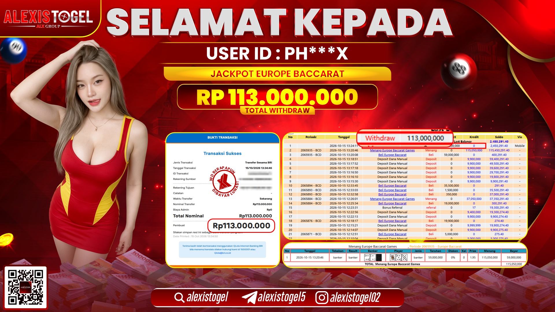 ALEXISTOGEL JACKPOT DI EUROPE BACCARAT RP.113.000.000,- LUNAS
