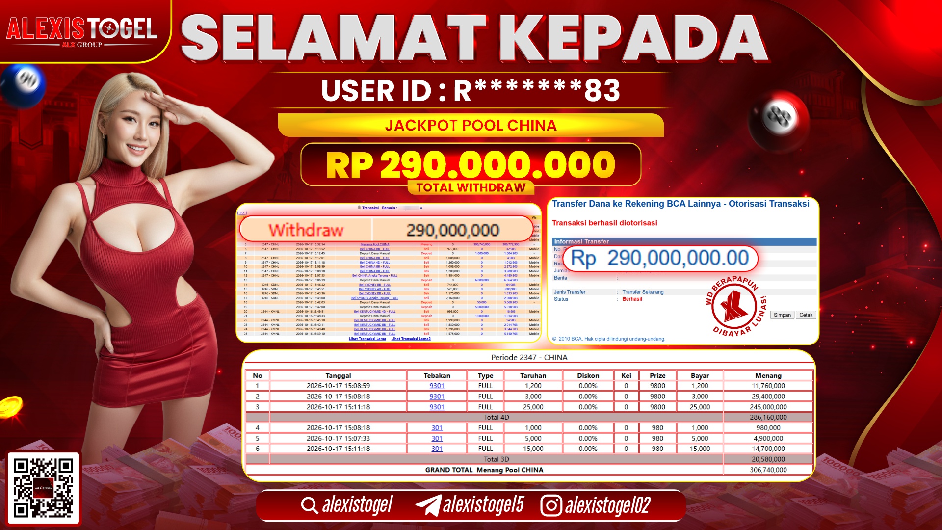 ALEXISTOGEL JACKPOT DI POOL CHINA RP.290.000.000,- LUNAS