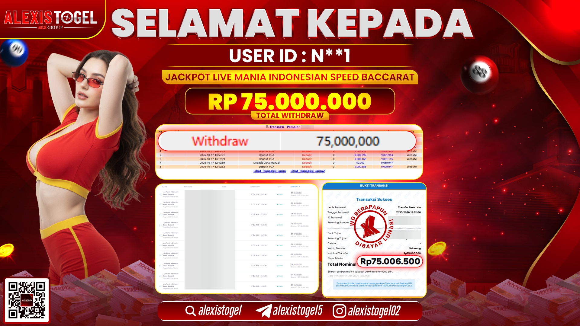 ALEXISTOGEL JACKPOT DI LIVE MANIA INDONESIA SPEED BACCARAT RP.75.000.000,- LUNAS