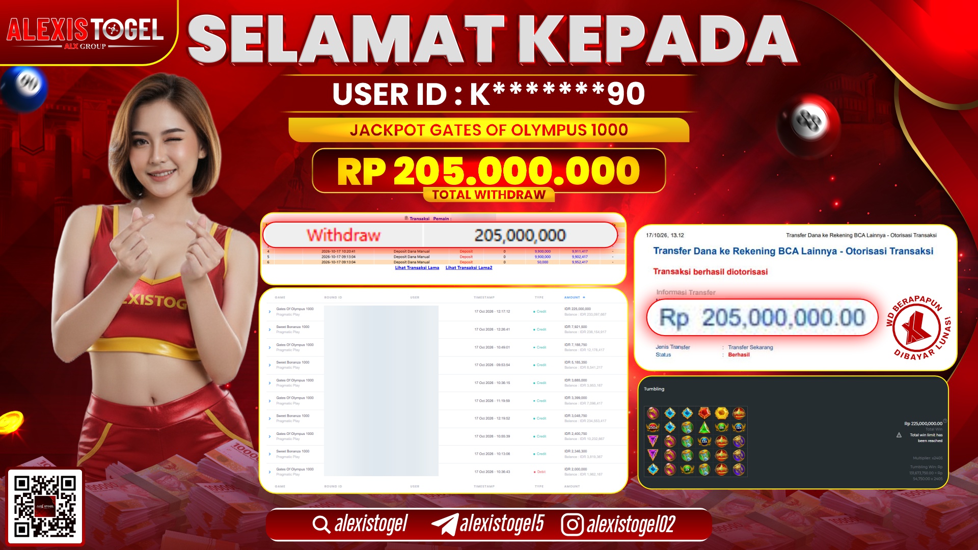 ALEXISTOGEL JACKPOT DI GATES OF OLYMPUS 1000 RP.205.000.000,- LUNAS