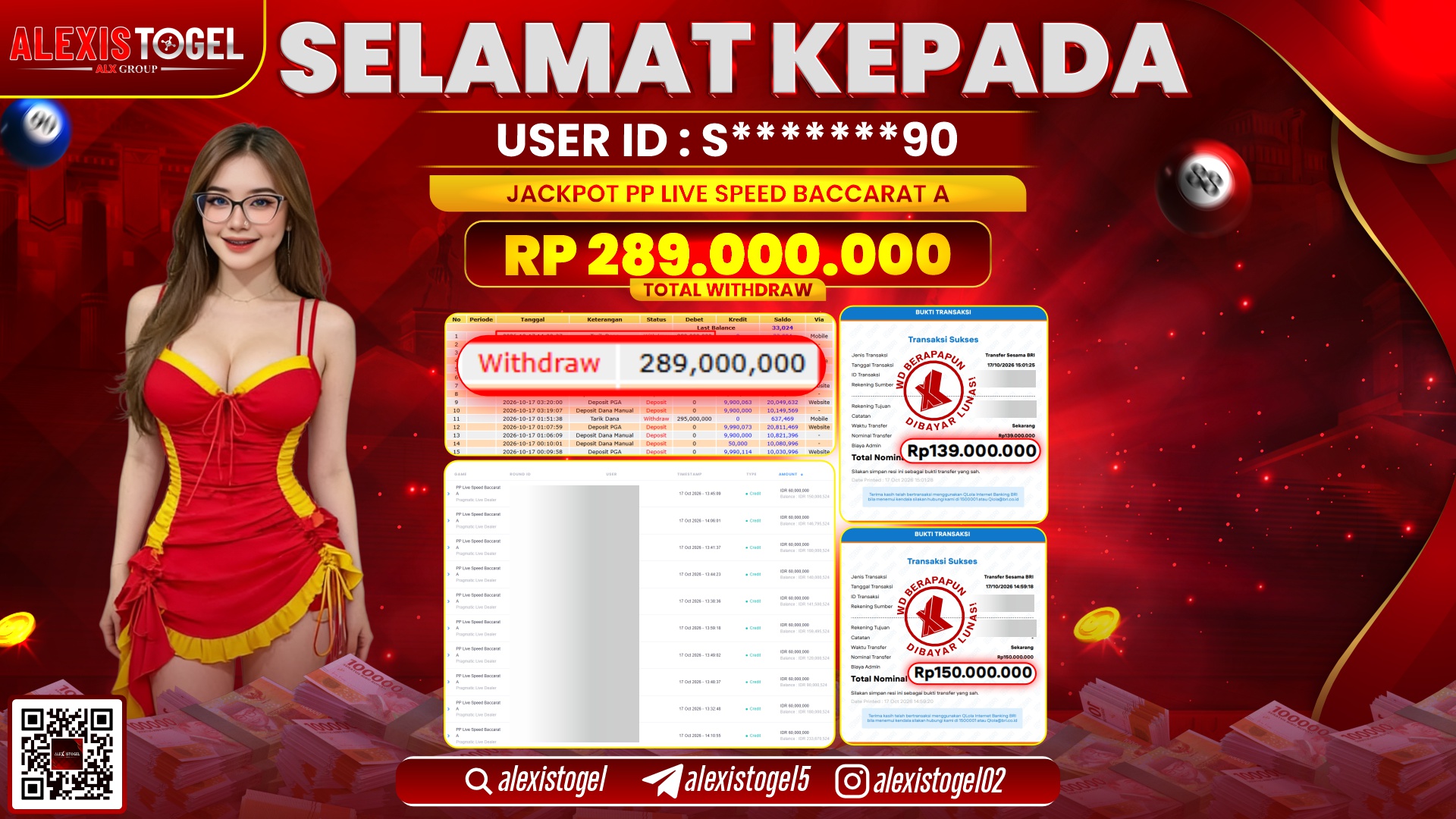 ALEXISTOGEL JACKPOT DI PP LIVE SPEED BACCARAT A RP.289.000.000,- LUNAS
