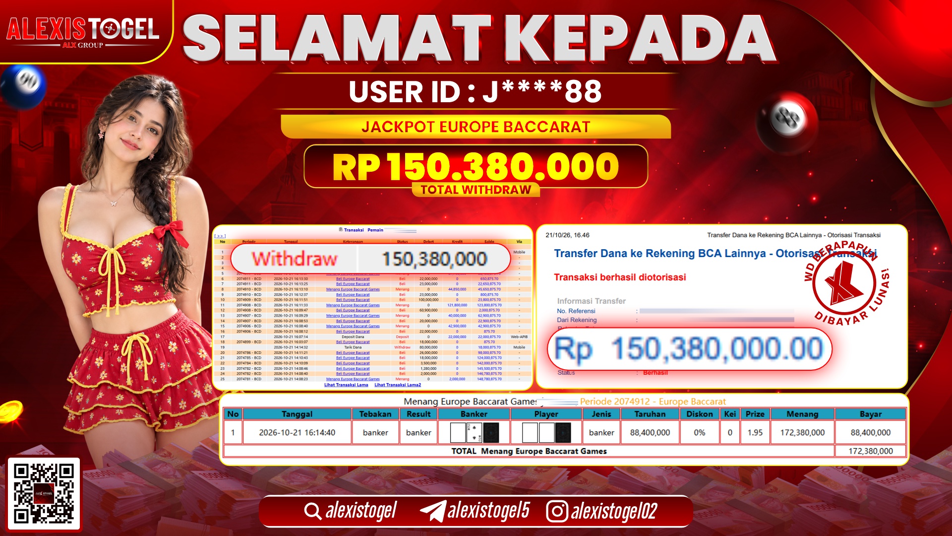 ALEXISTOGEL JACKPOT DI EUROPE BACCARAT RP.150.380.000,- LUNAS