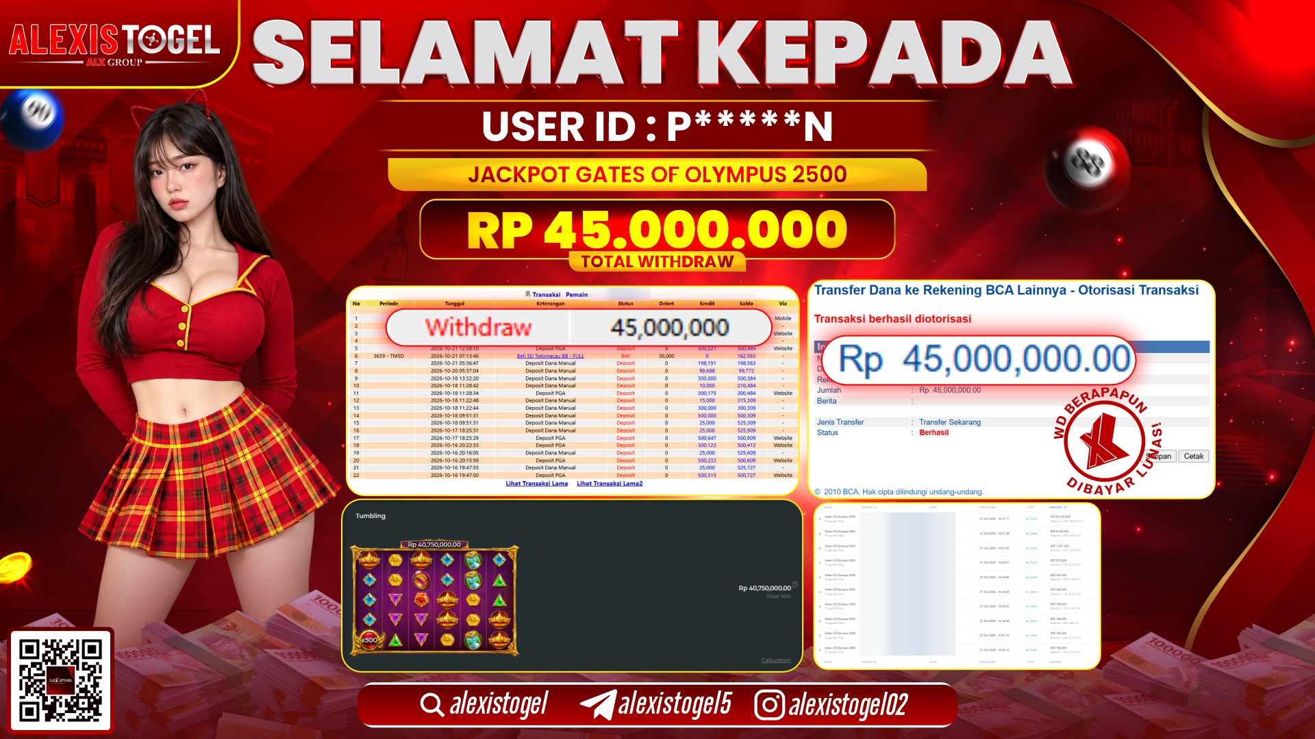 ALEXISTOGEL JACKPOT DI GATES OF OLYMPUS 2500 RP.45.000.000,- LUNAS