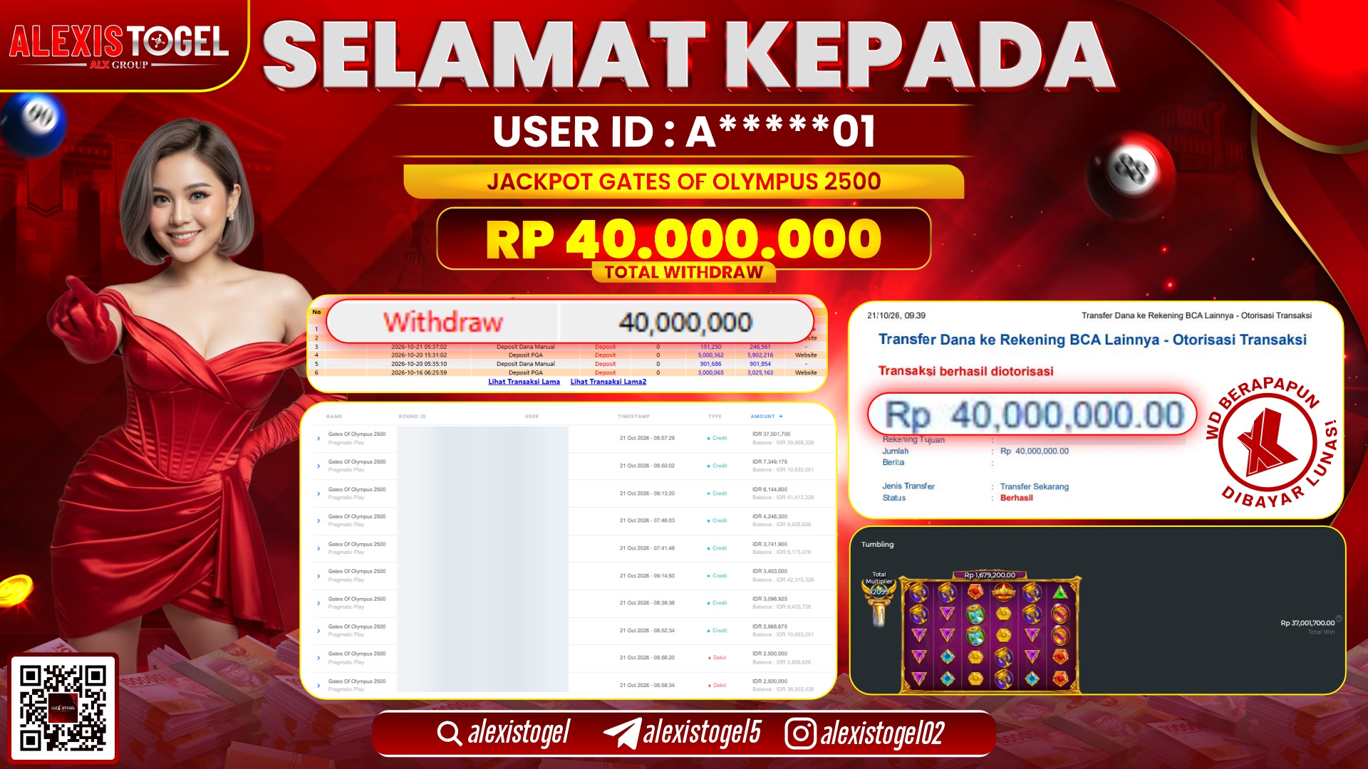 ALEXISTOGEL JACKPOT DI GATES OF OLYMPUS 2500 RP.40.000.000,- LUNAS