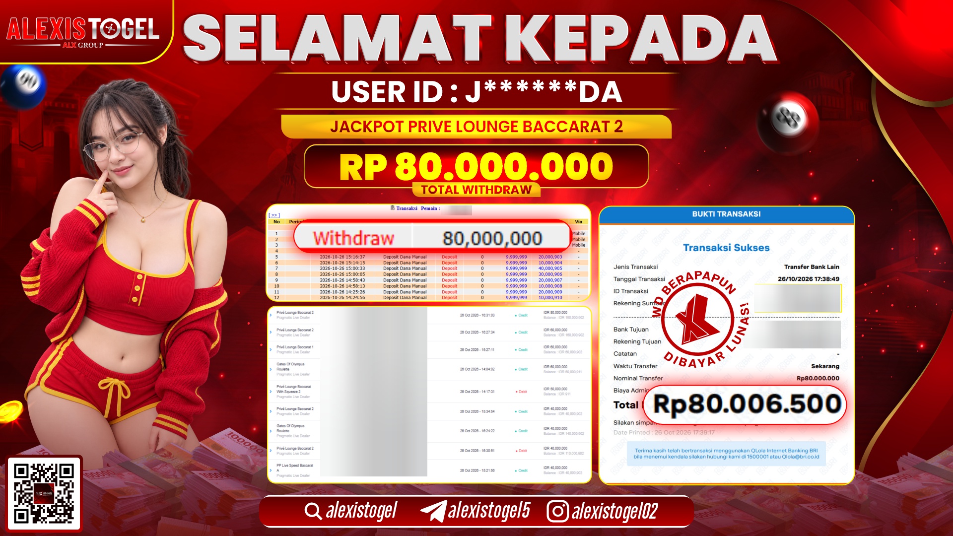 ALEXISTOGEL JACKPOT DI PRIVE LOUNGE BACCARAT 2 RP.80.000.000,- LUNAS