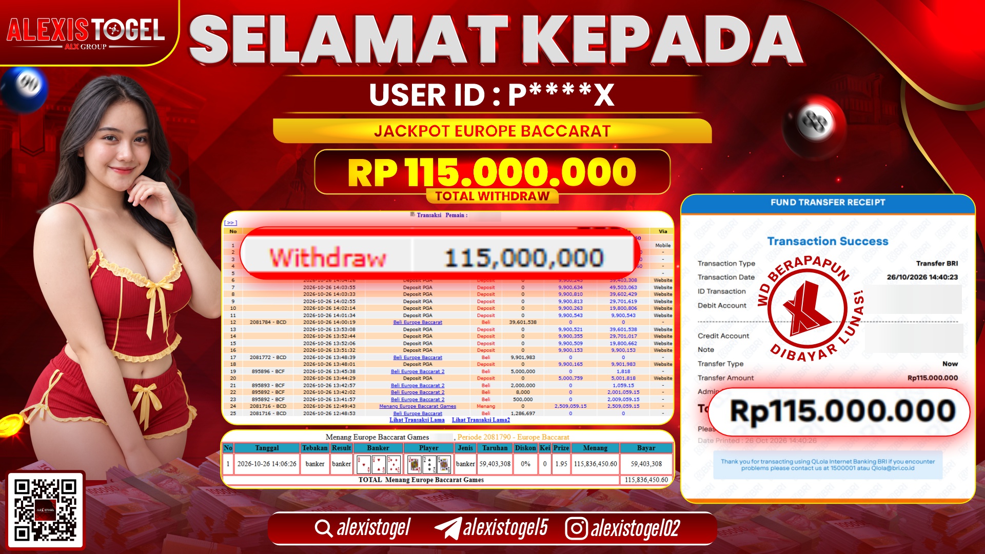 ALEXISTOGEL JACKPOT DI EUROPE BACCARAT RP.115.000.000,- LUNAS
