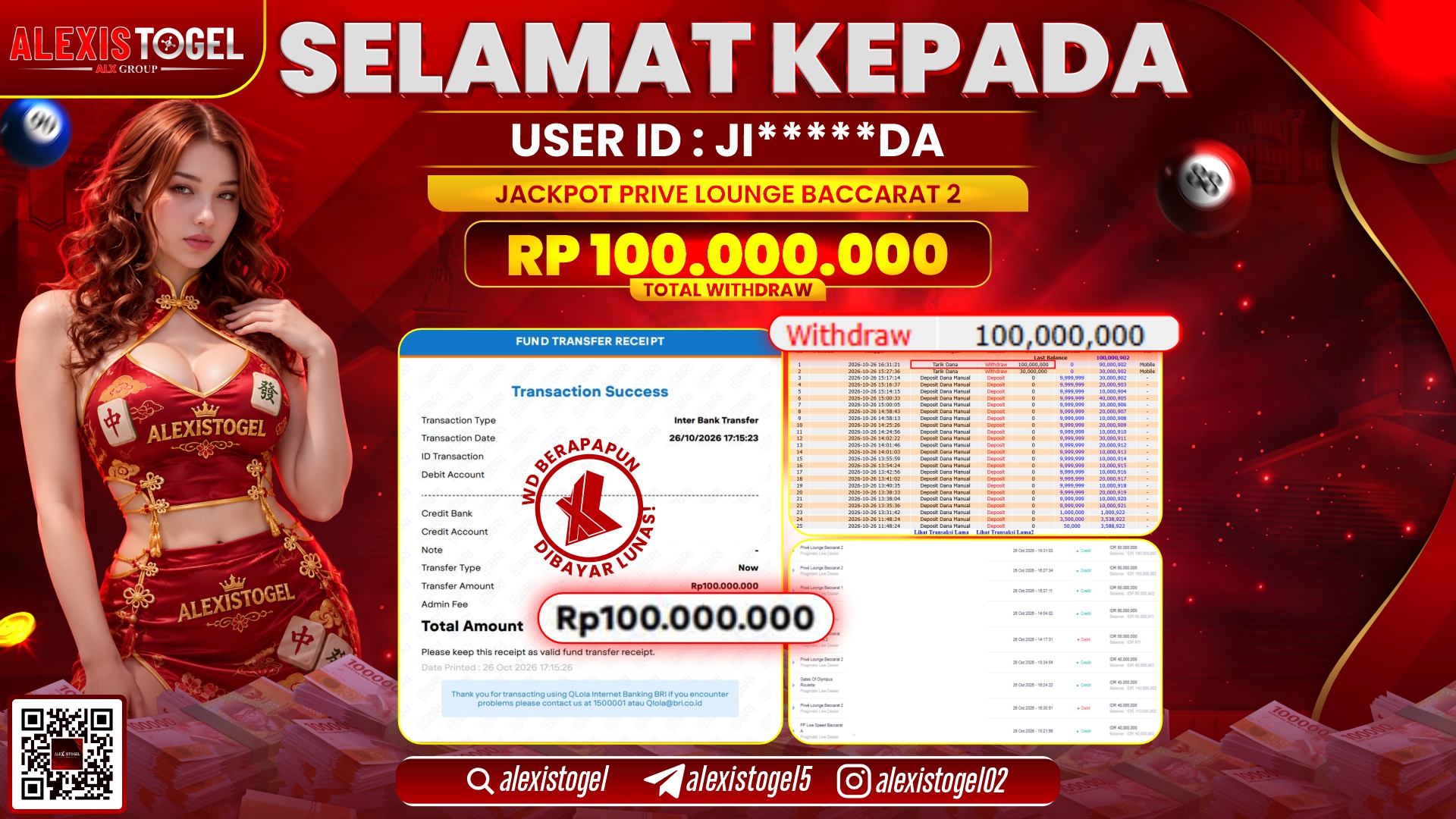 ALEXISTOGEL JACKPOT DI PRIVE LOUNGE BACCARAT 2 RP.100.000.000,- LUNAS