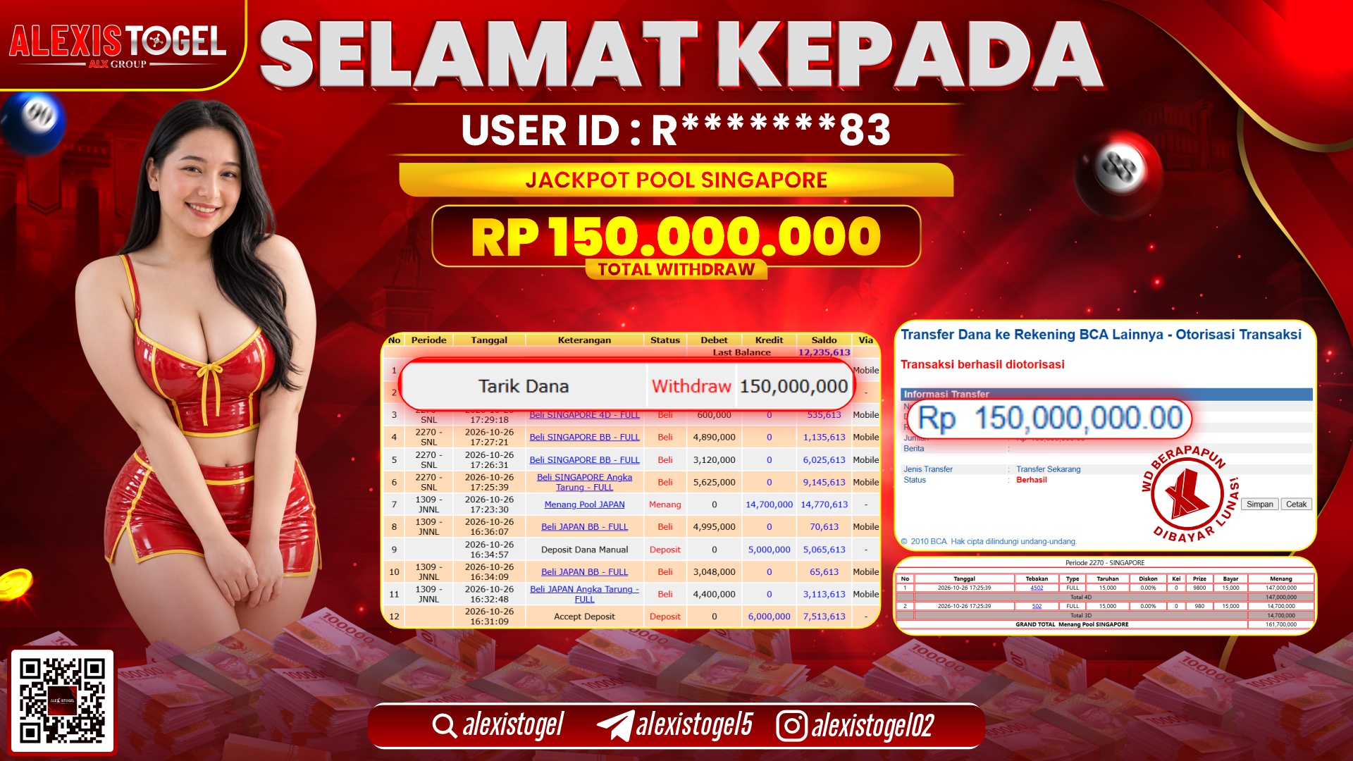 ALEXISTOGEL JACKPOT DI POOL SINGAPORE RP.150.000.000,- LUNAS