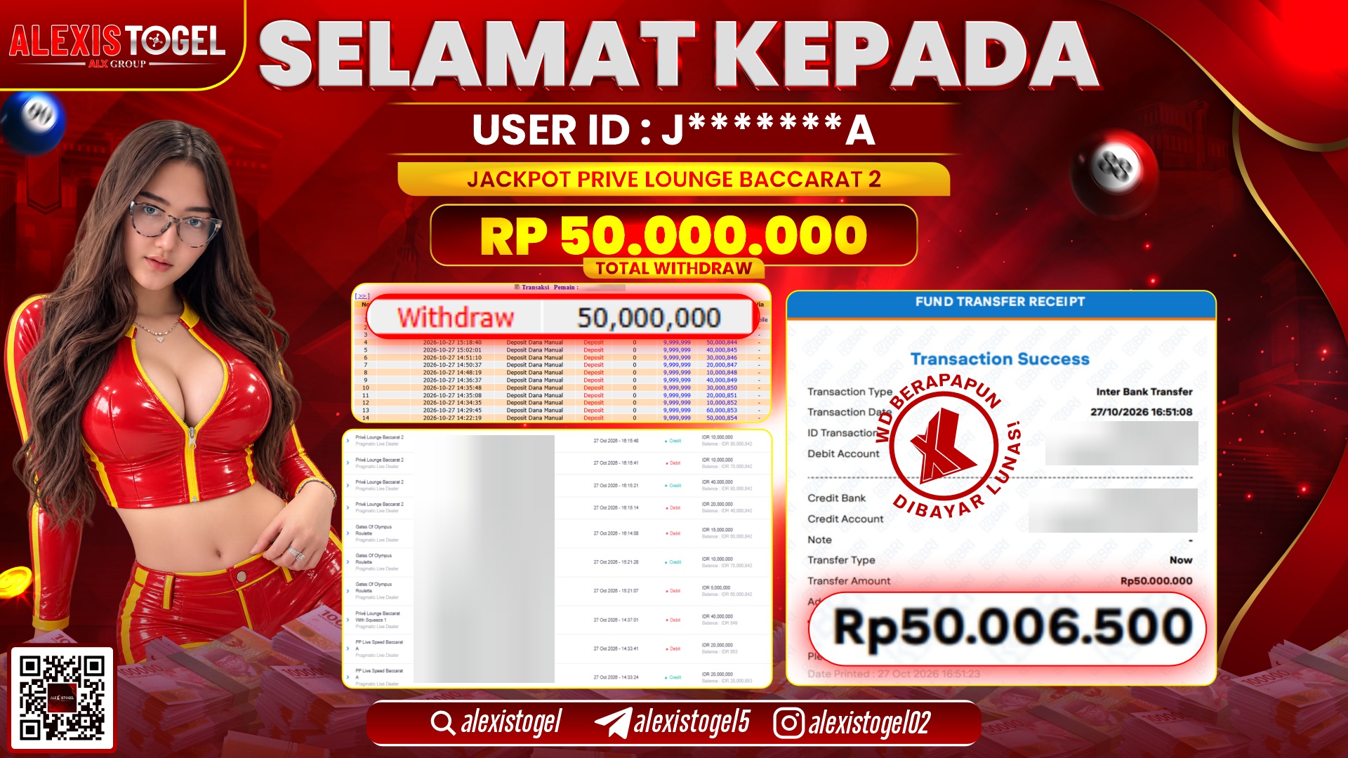 ALEXISTOGEL JACKPOT DI PRIVE LOUNGE BACCARAT 2 RP.50.000.000,- LUNAS